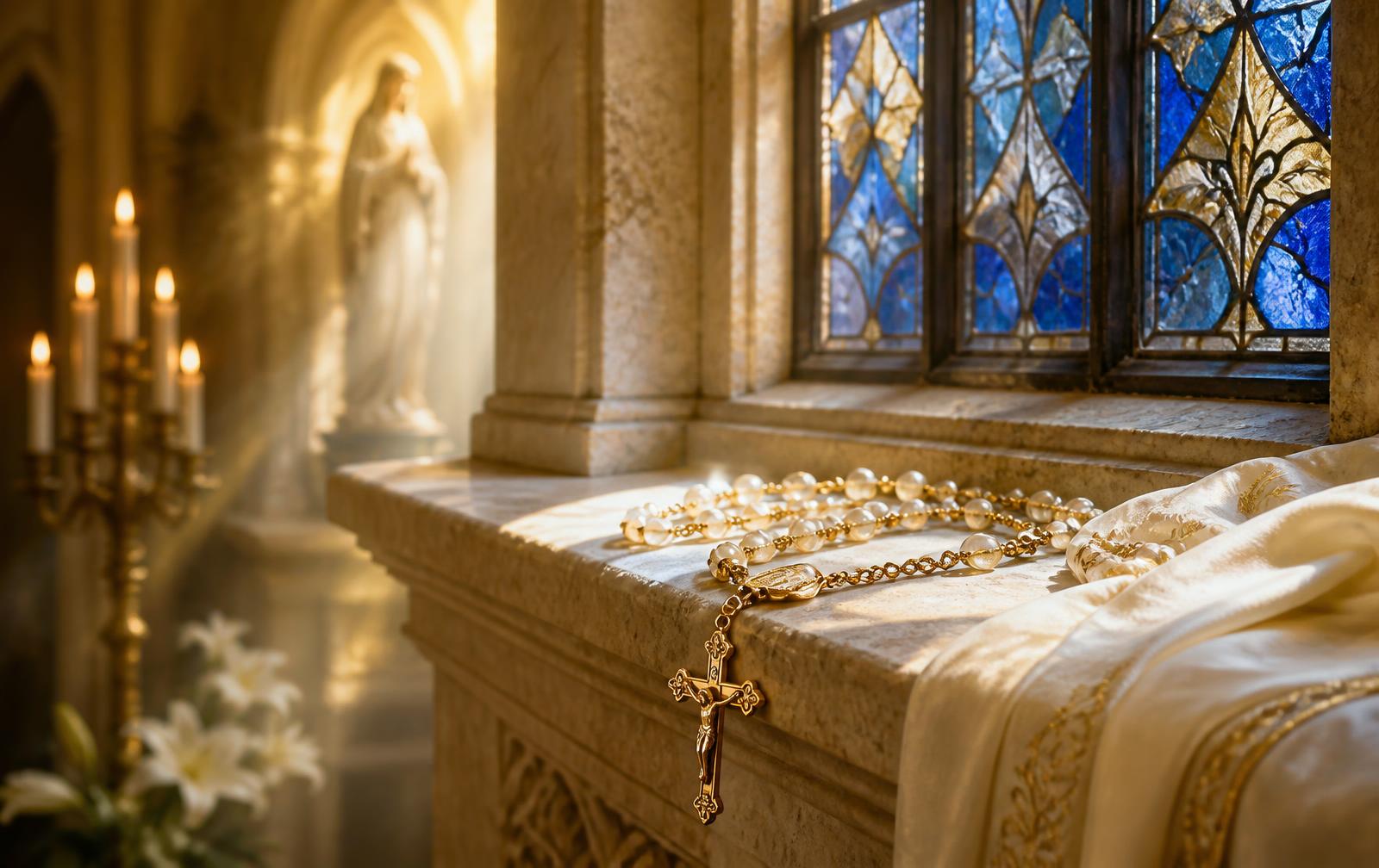 A golden rosary resting on a sunlit stone windowsill inside a candlelit church